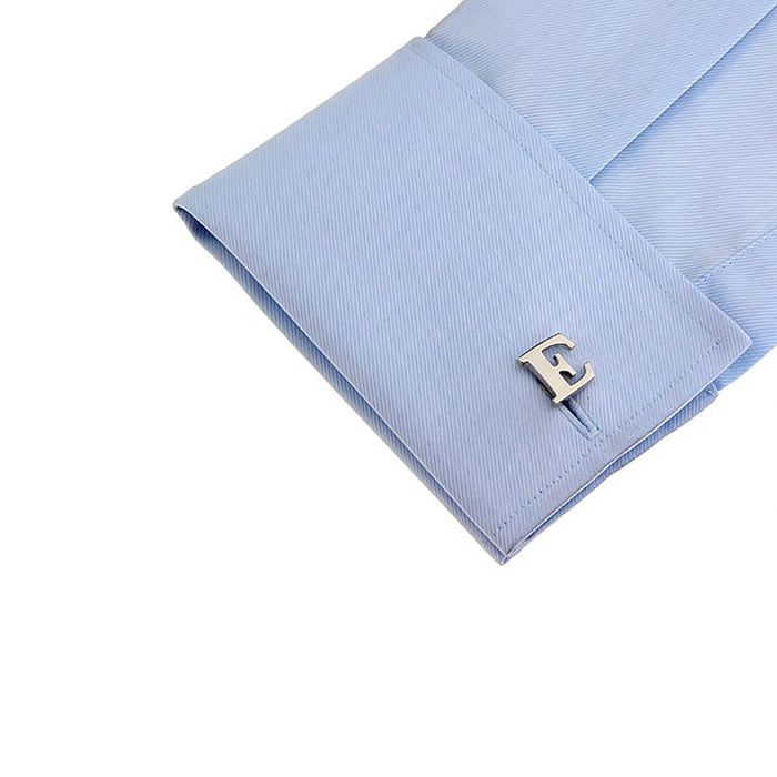 Silver Initial Cufflinks Letter E of the Alphabet On Shirt Sleeve