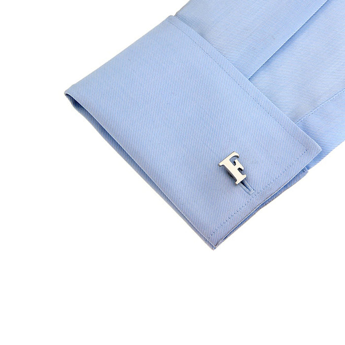 Silver Initial Cufflinks Letter F of the Alphabet On Shirt Sleeve