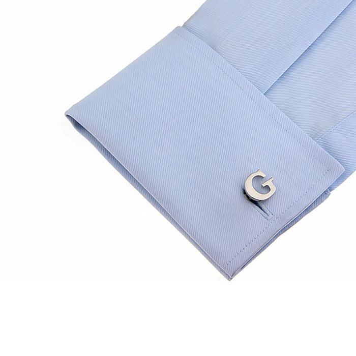 Silver Initial Cufflinks Letter G of the Alphabet On Shirt Sleeve