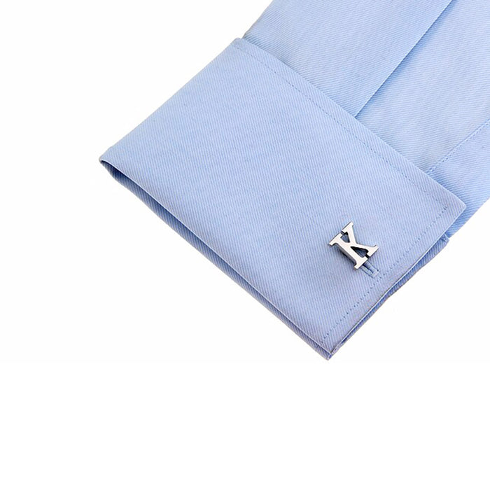 Silver Initial Cufflinks Letter K of the Alphabet On Shirt Sleeve