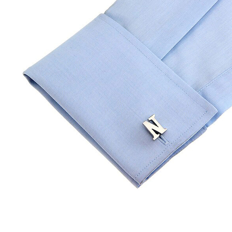 Silver Initial Cufflinks Letter N of the Alphabet On Shirt Sleeve