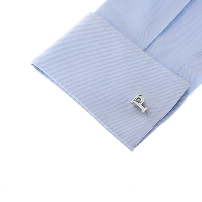 Silver Initial Cufflinks Letter P of the Alphabet On Shirt Sleeve