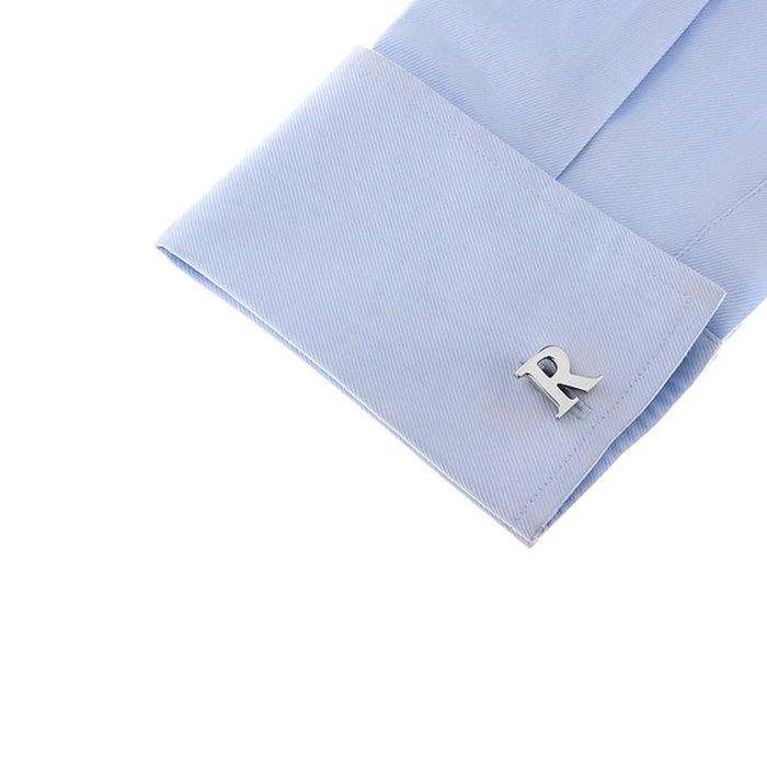 Silver Initial Cufflinks Letter R of the Alphabet On Shirt Sleeve