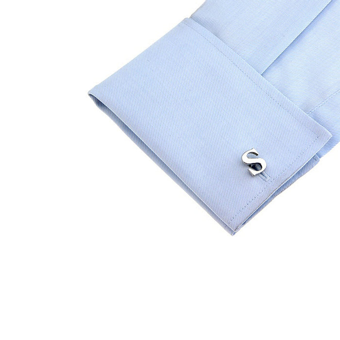 Silver Initial Cufflinks Letter S of the Alphabet On Shirt Sleeve