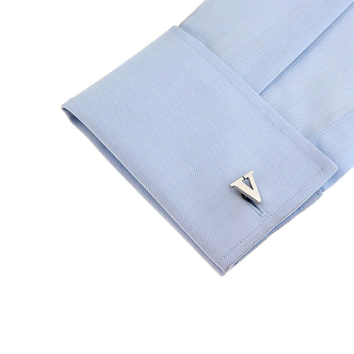 Silver Initial Cufflinks Letter V of the Alphabet On Shirt Sleeve