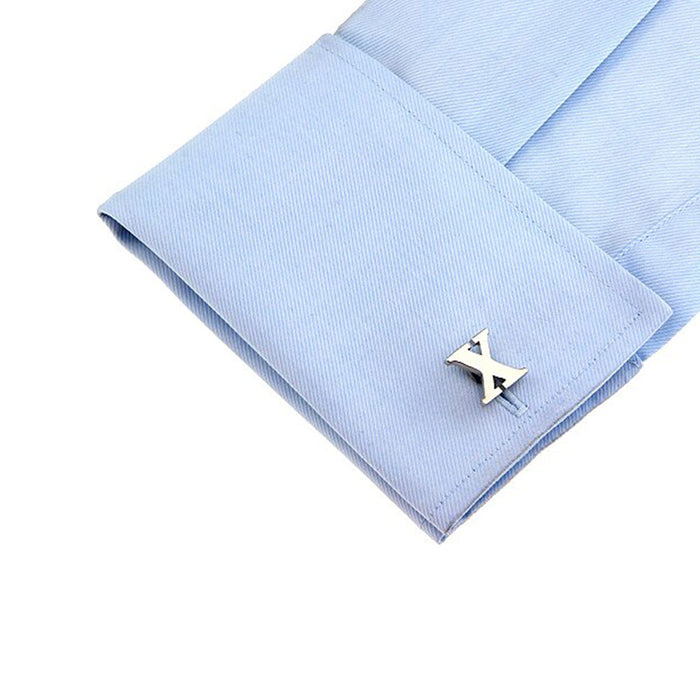 Silver Initial Cufflinks Letter X of the Alphabet On Shirt Sleeve