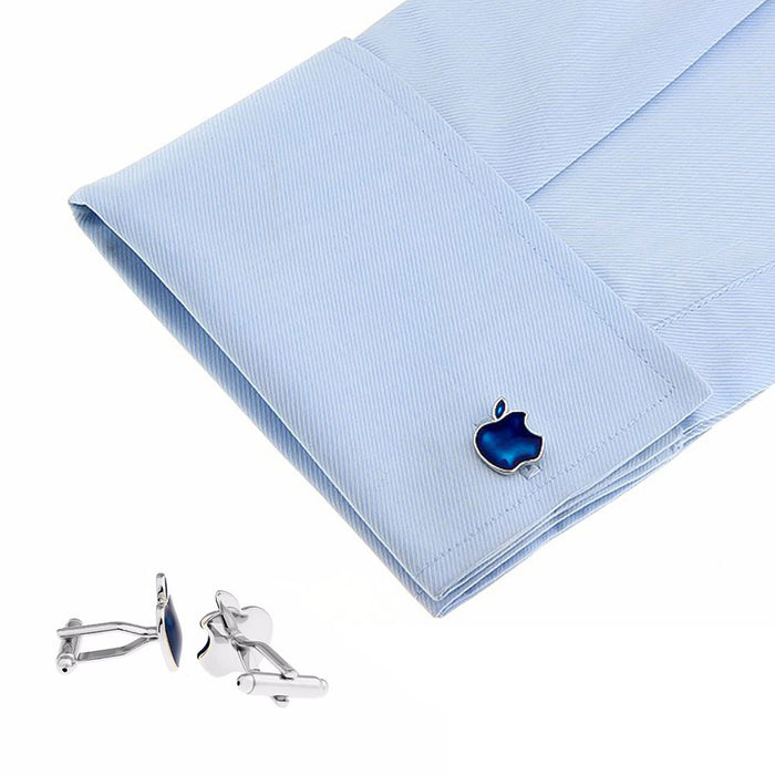 Blue Apple Cufflinks Silver Computer Logo On Shirt Sleeve