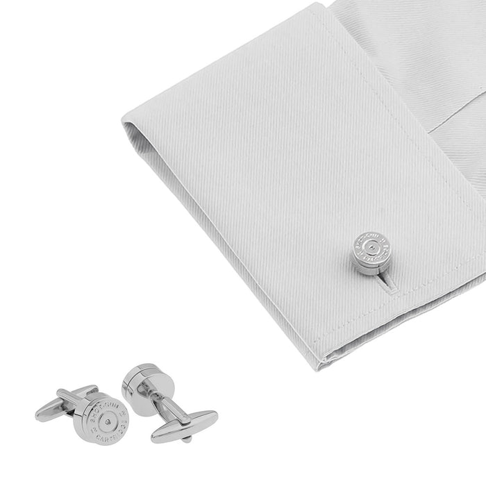 Silver Bullet Cufflinks Shotgun Cartridge On Shirt Sleeve