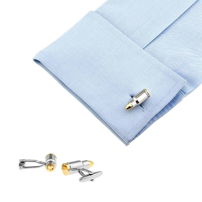 Bullet Cufflinks Silver and Gold On Shirt sleeve