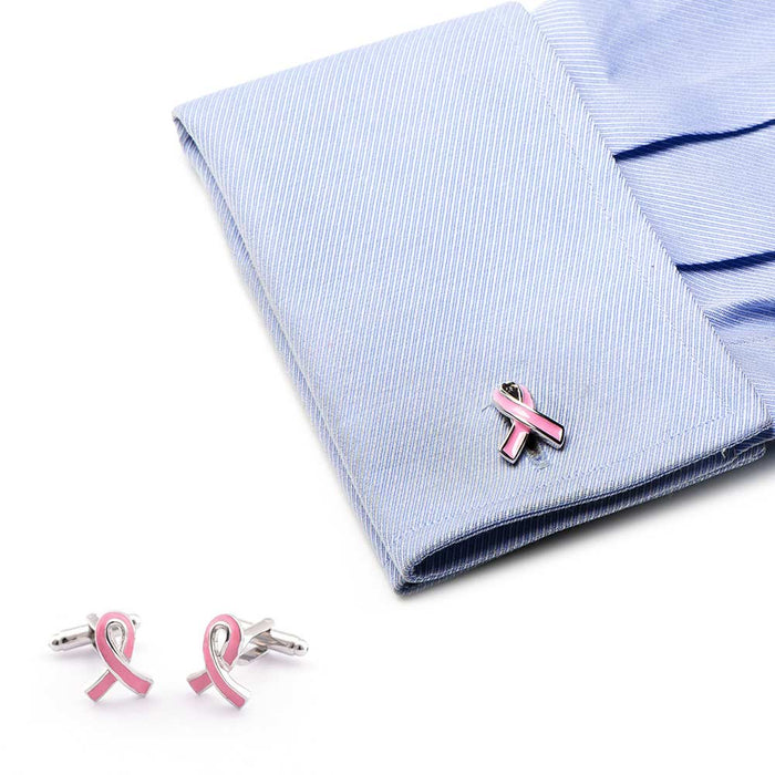 Breast Cancer Awareness Cufflinks Silver Pink Ribbon On Shirt Sleeve