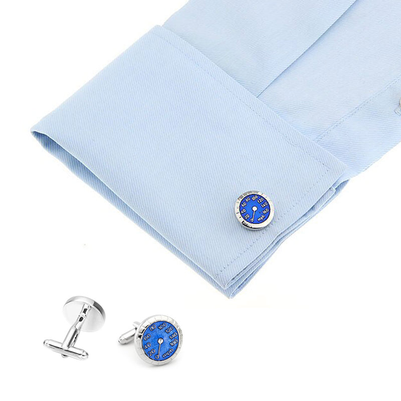 Car Speedometer Cufflinks Blue and Silver On Shirt Sleeve