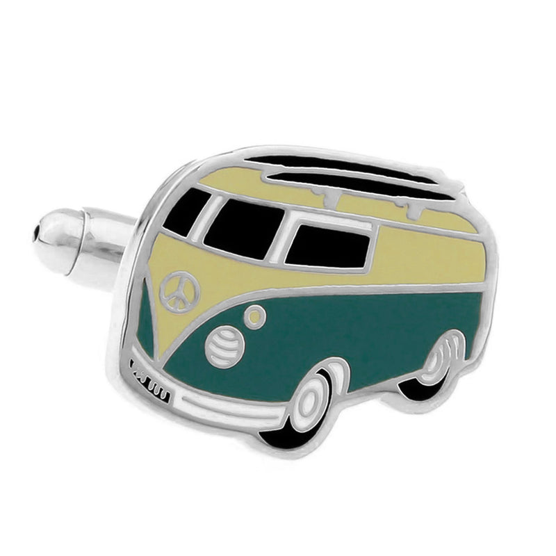 VW Kombi Cufflinks Silver and Dark Green Front