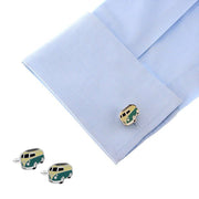 VW Kombi Cufflinks Silver and Dark Green On Shirt Sleeve
