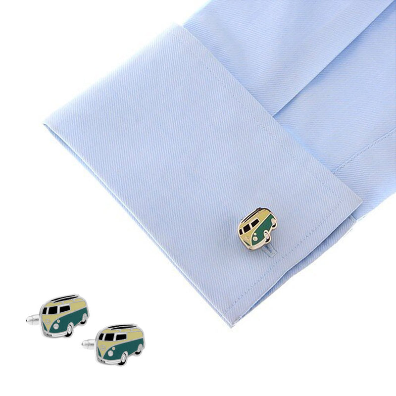 VW Kombi Cufflinks Silver and Dark Green On Shirt Sleeve
