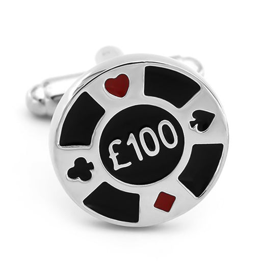 Casino £100 Poker Chip Cufflinks Black and Silver Front