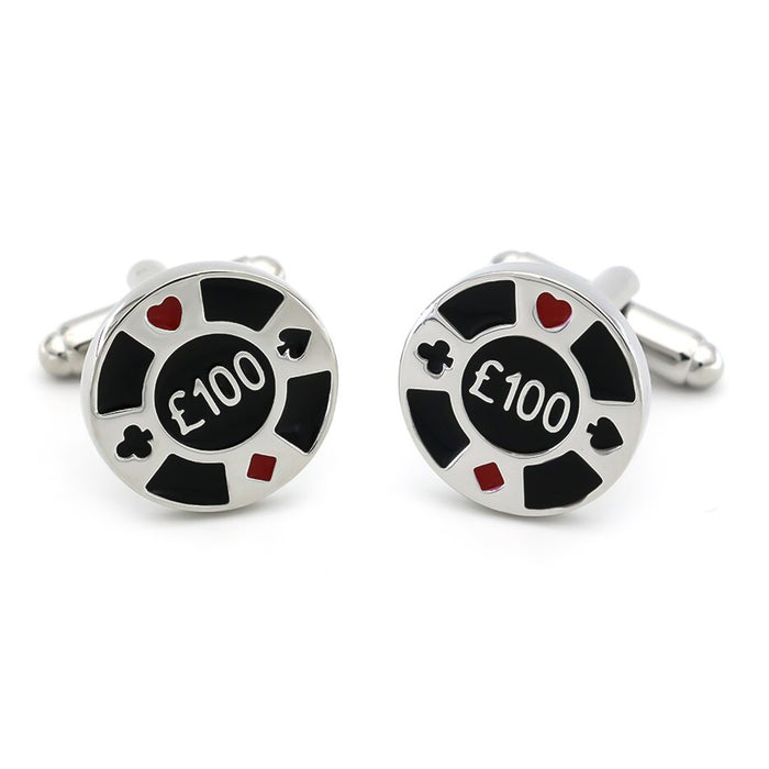 Casino £100 Poker Chip Cufflinks Black and Silver Pair
