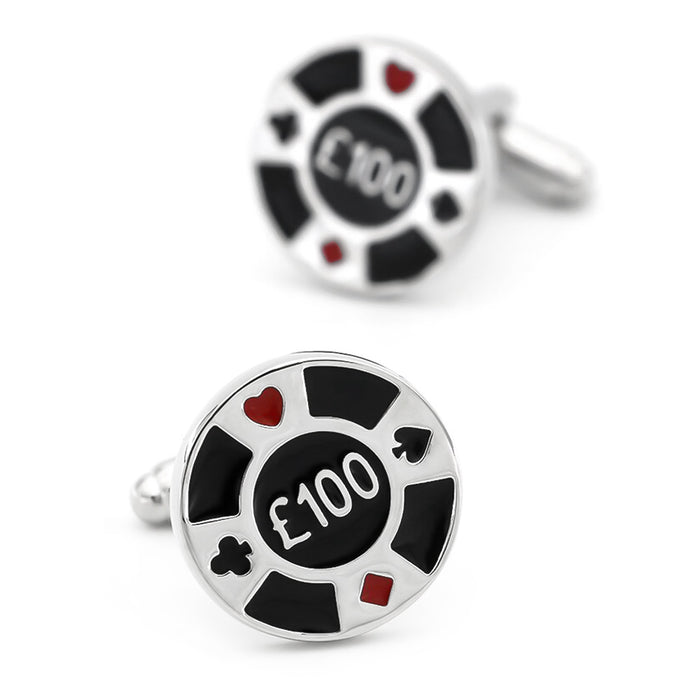 Casino £100 Poker Chip Cufflinks Black and Silver Front and Back