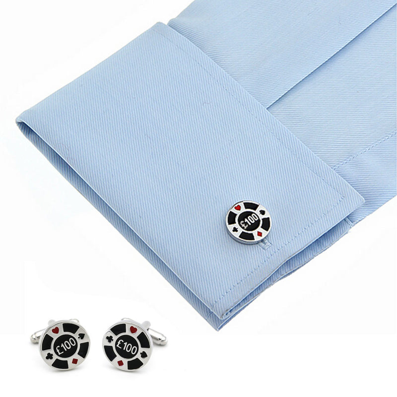 Casino £100 Poker Chip Cufflinks Black and Silver On Shirt Sleeve
