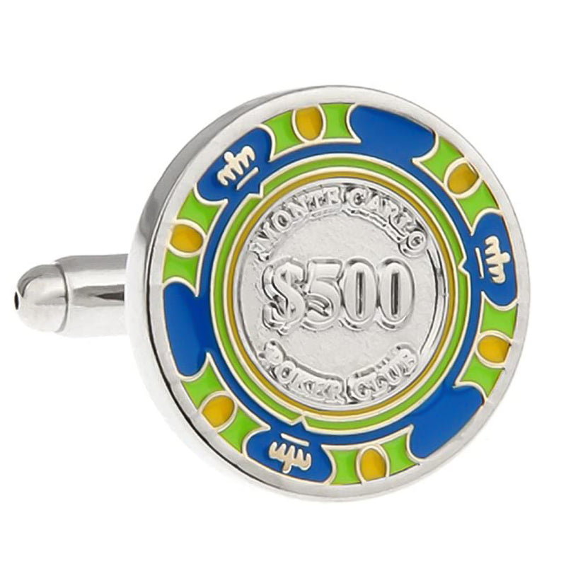 Casino $500 Poker Chip Cufflinks Blue and Green Front