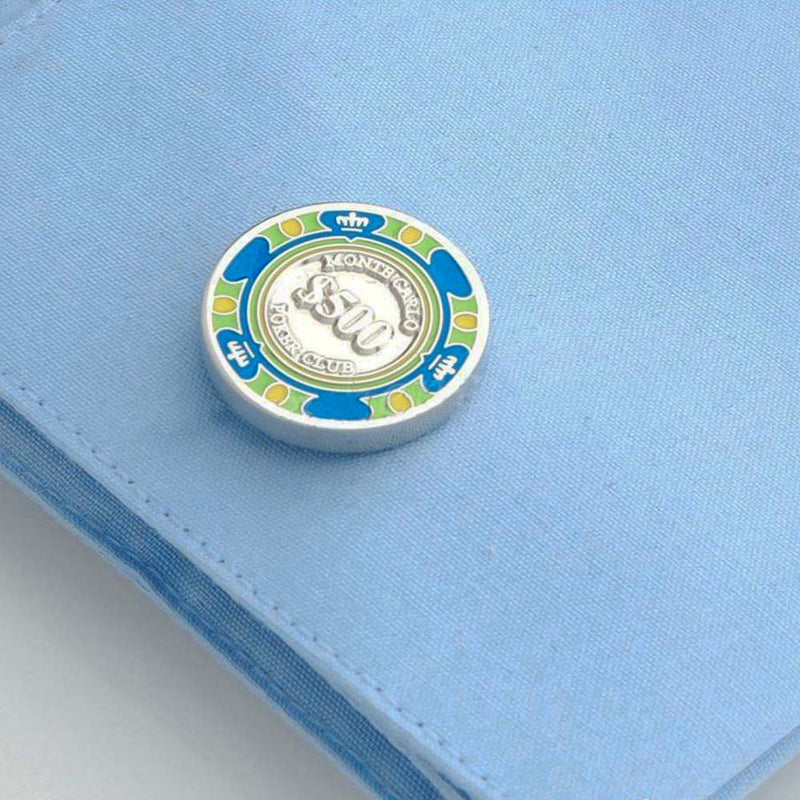 Casino $500 Poker Chip Cufflinks Blue and Green On Shirt Sleeve