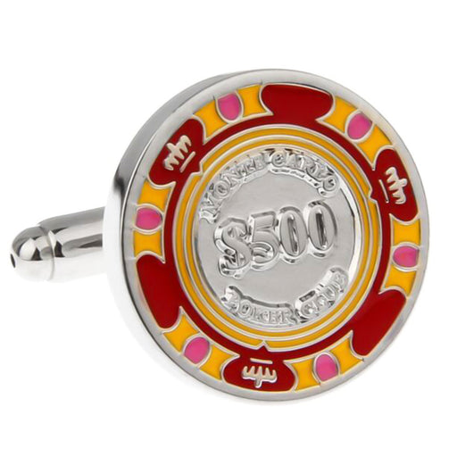 Casino $500 Poker Chip Cufflinks Red and Yellow Front