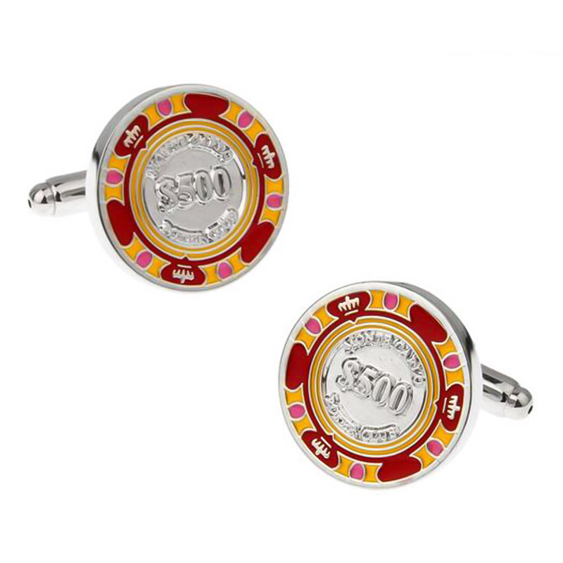 Casino $500 Poker Chip Cufflinks Red and Yellow Pair