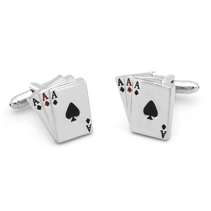 Lucky Casino Playing Card Cufflinks Silver Three Aces Pair