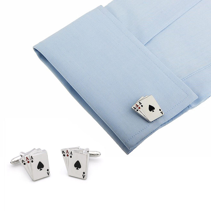 Lucky Casino Playing Card Cufflinks Silver Three Aces On Shirt Sleeve