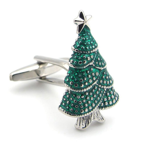 Christmas Tree Cufflinks Green Silver Front Image