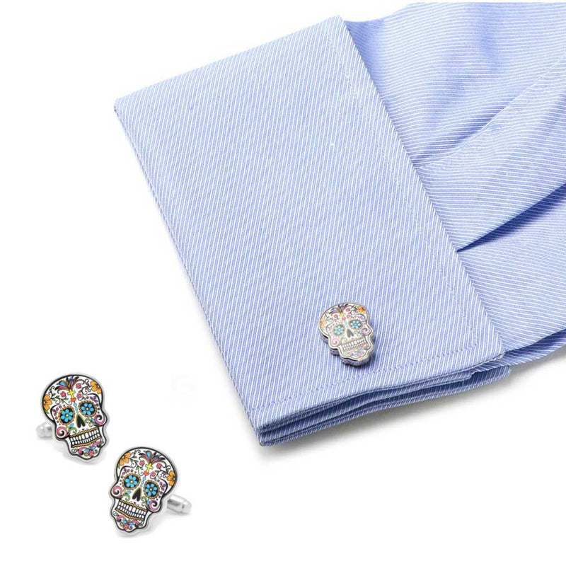 Mosaic Sugar Skull Cufflinks Silver Image On Shirt Sleeve