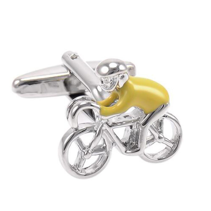 Cycling Cufflinks Bicycle Cyclist Silver Yellow Image Front