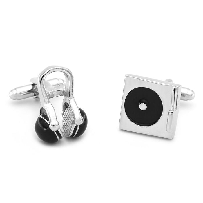 Music DJ Cufflinks Headphones Turntable Silver Image Pair Front