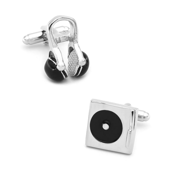 Music DJ Cufflinks Headphones Turntable Silver Image Pair