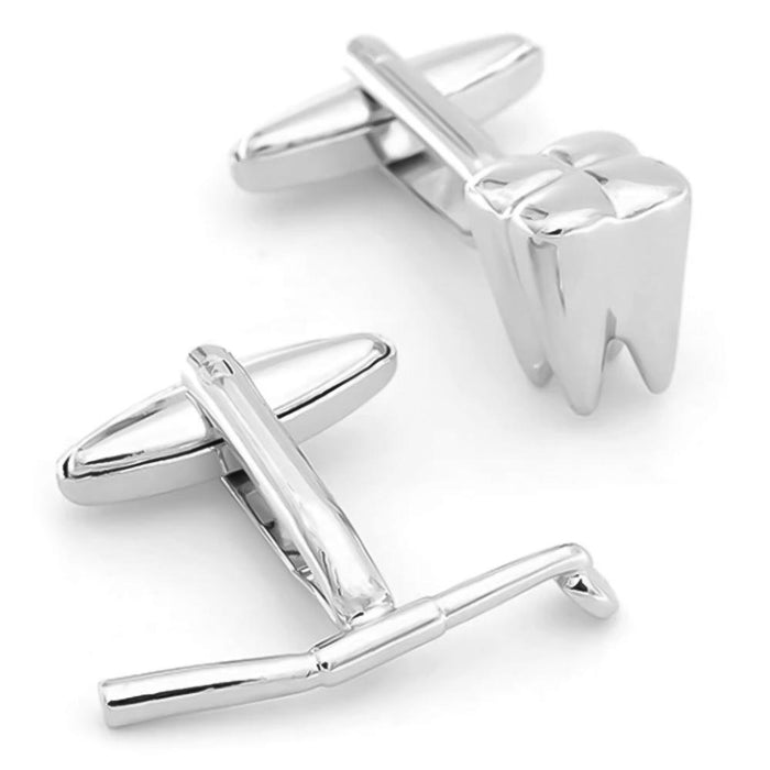 Dentist Cufflinks Mouth Mirror and Tooth Silver Image Side View