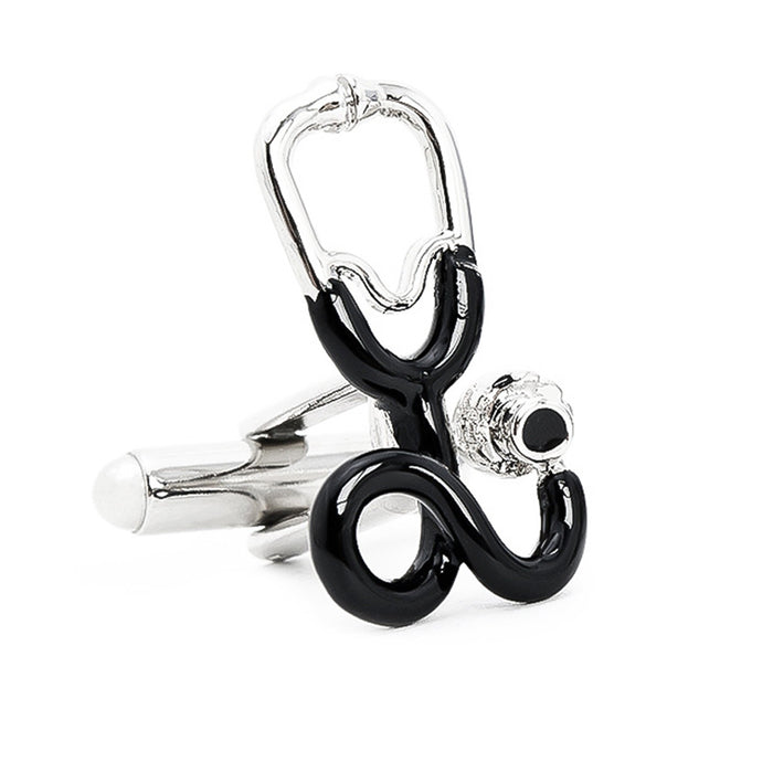 Doctor Stethoscope Cufflinks Silver Black Image Front