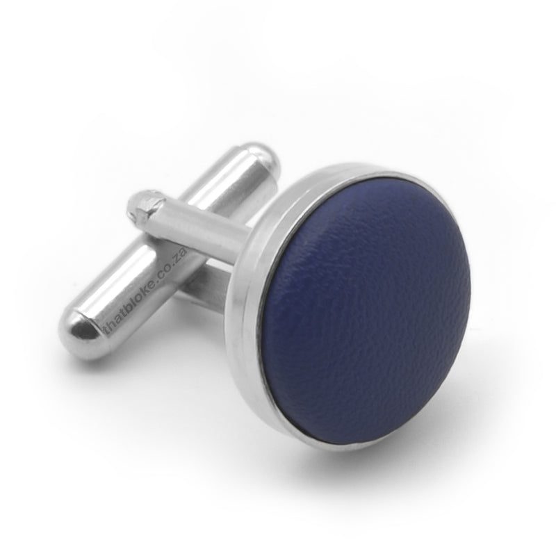 Navy Blue Leather Cufflinks Round Silver Front