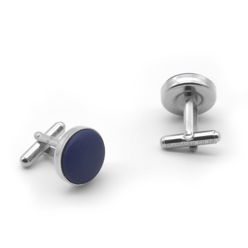 Navy Blue Leather Cufflinks Round Silver Pair