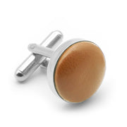Light Caramel Brown Leather Cufflinks Silver Front