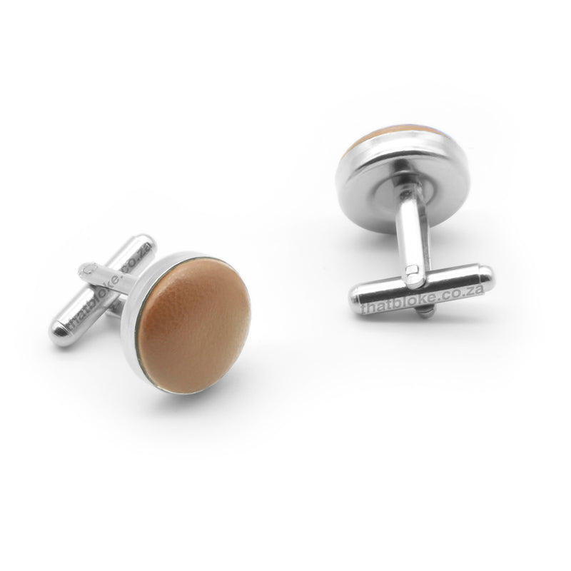 Light Caramel Brown Leather Cufflinks Silver Pair