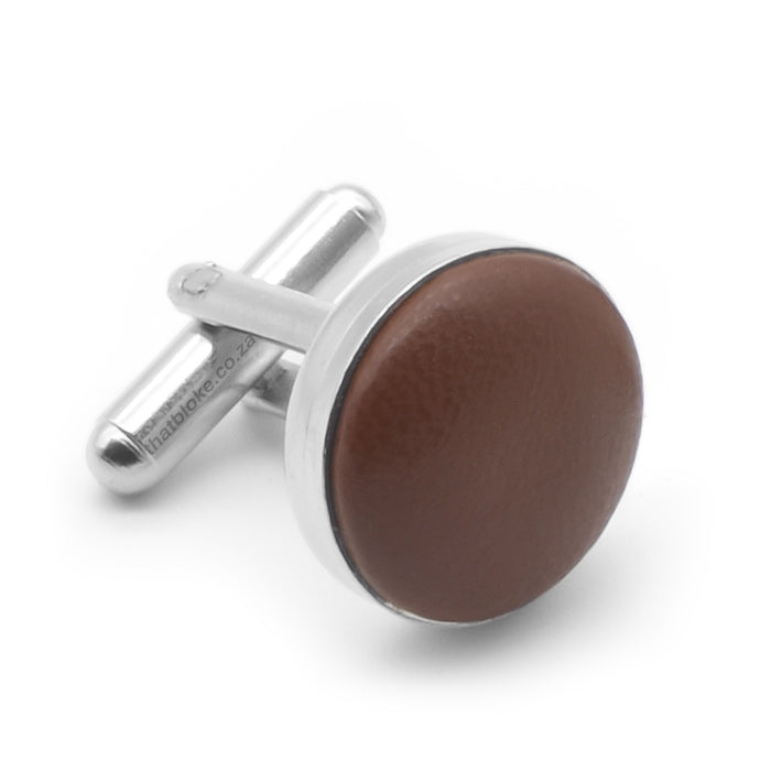 Chocolate Brown Leather Cufflinks Silver Front