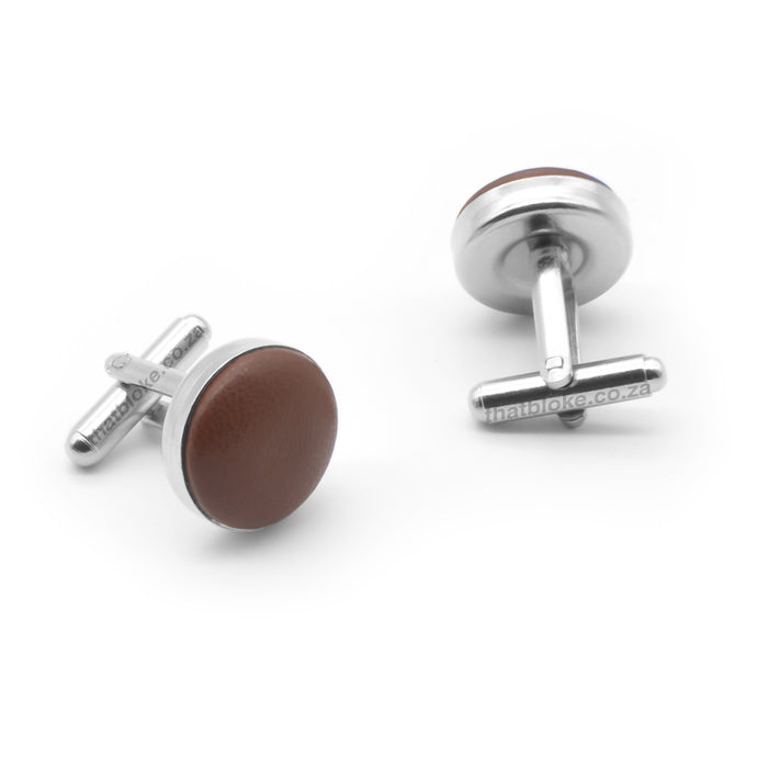 Chocolate Brown Leather Cufflinks Silver Pair