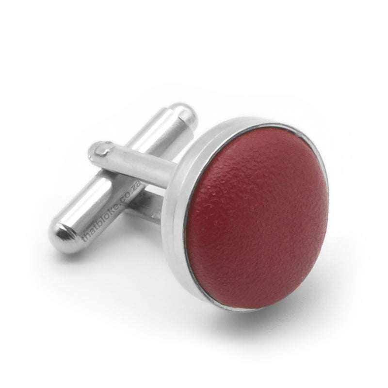 Dark Red Leather Cufflinks Round Front View