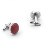 Dark Red Leather Cufflinks Silver Round Pair