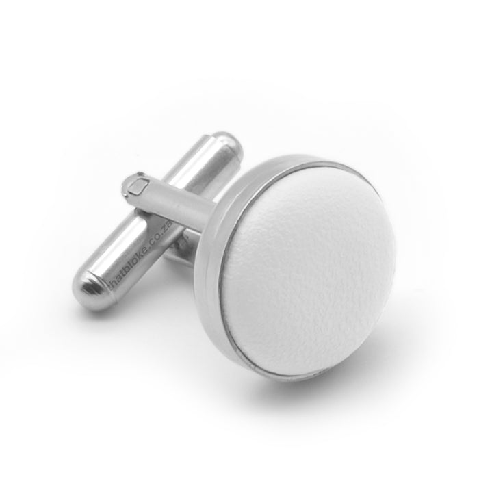 White Leather Cufflinks Silver Front