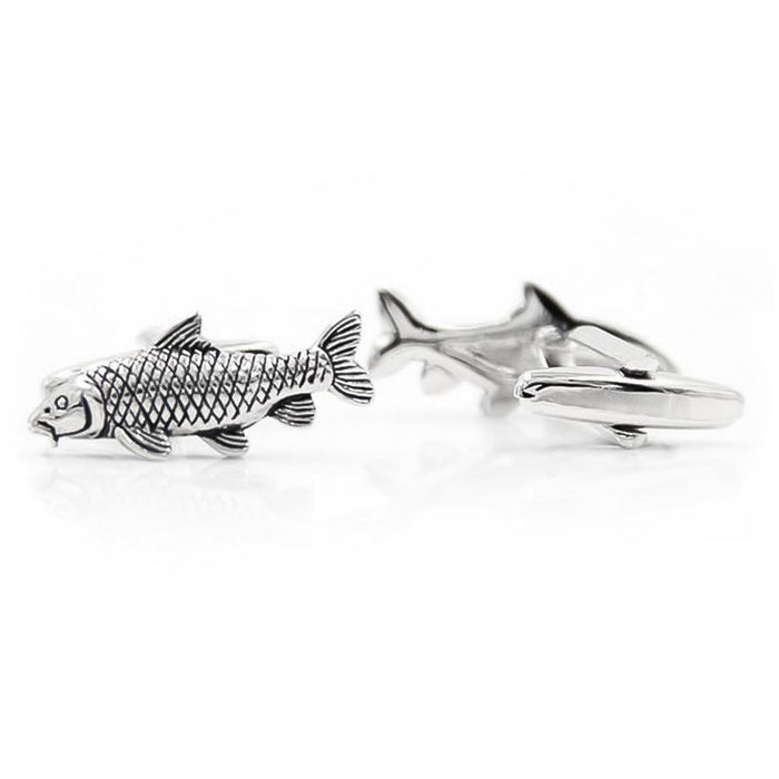 Fish Carp Fishing Cufflinks Silver Black Image Pair Front and Back