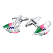 Fly Fishing Cufflinks Silver Green Pink Blue Front Pair