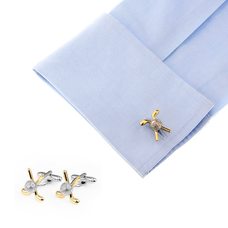 Golf Cufflinks Ball And Clubs Gold & Silver On Shirt Sleeve