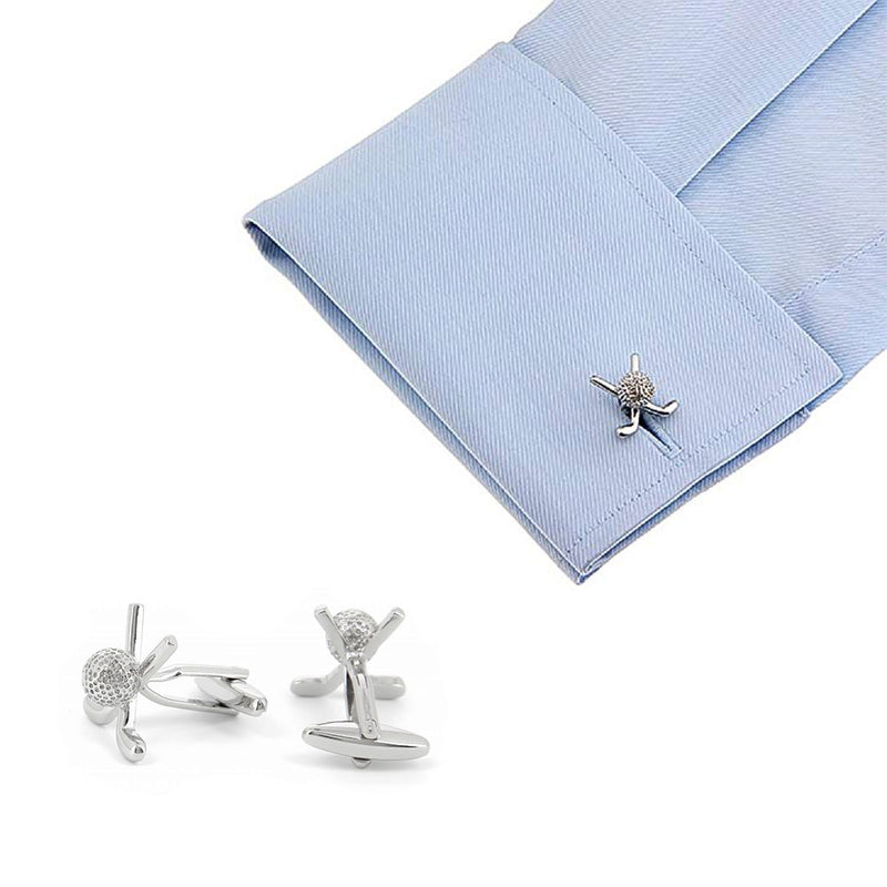 Golf Cufflinks Ball & Clubs Silver On Shirt Sleeve