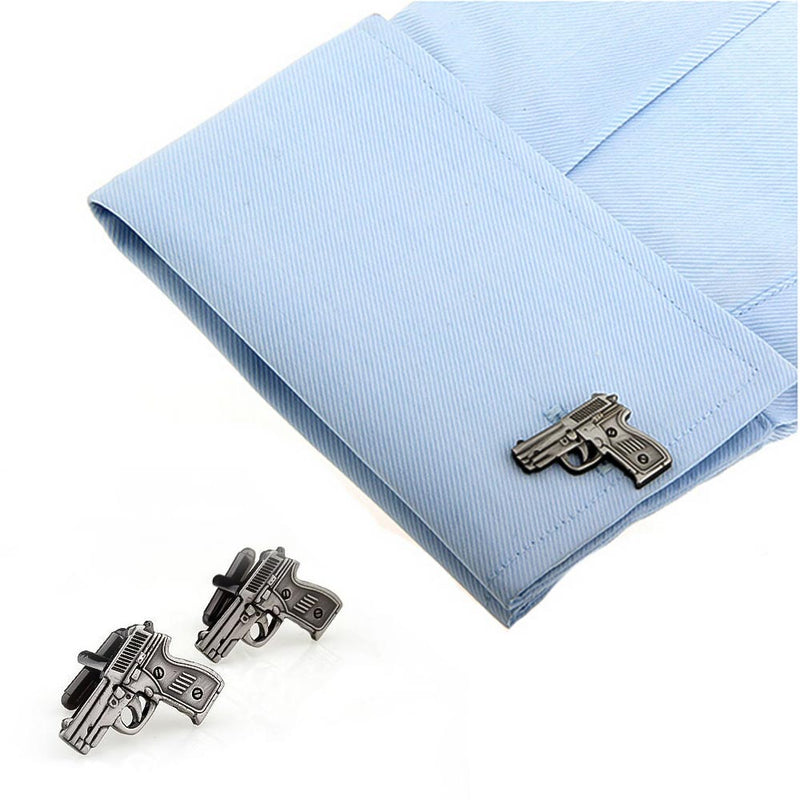 Hand Gun Cufflinks Gunmetal Black Pistol On Shirt Sleeve