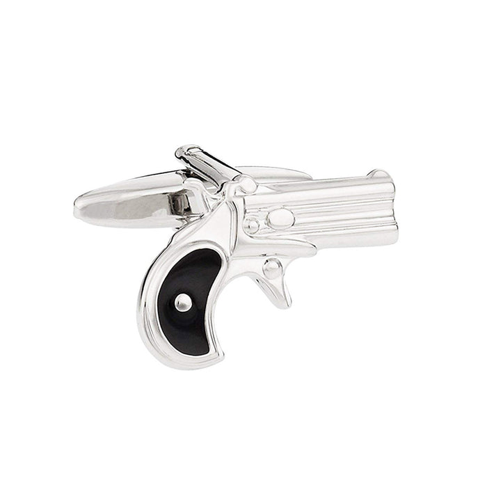 Revolver Cufflinks Hand Gun Silver Black Front